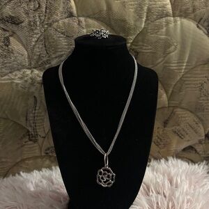 Silver Floral Pendant Necklace and Ring Set